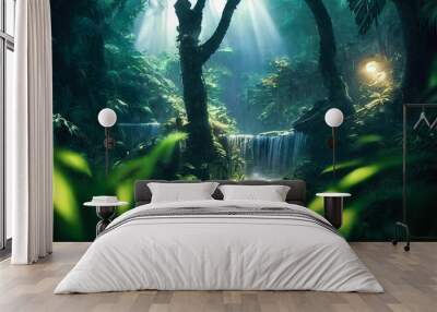 Dark rainforest, sun rays through the trees, rich jungle greenery. Atmospheric fantasy forest. 3D illustration. Wall mural