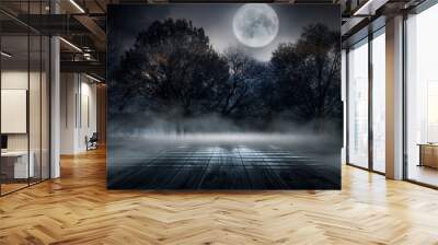 Dark street, old brick wall decorated with night lanterns. Empty street scene, neon light. Night landscape, dark forest. Wall mural