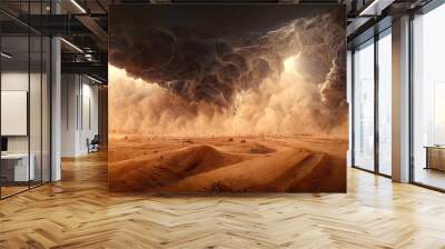 Desert landscape, sandstorm, sand morch, dramatic cloudy sky, unreal world, apocalypse. 3D illustration Wall mural