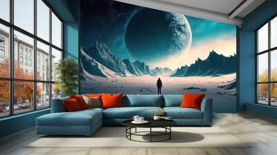 Desert landscape of cold planet, mountain landscape, snow. Fantasy cold landscape. AI Wall mural