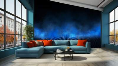 Empty dark room, brick wall and concrete floor. Empty building scene. Blue neon light. Dark empty scene, blue neon searchlight light, wet asphalt, smoke, night view, rays. Wall mural