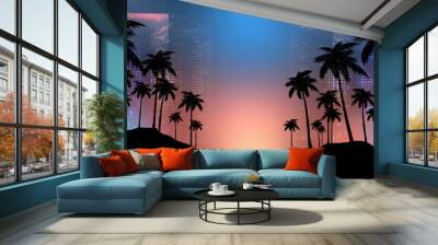 Empty dark tropical background of night sea beach, neon light, city lights. Silhouettes of tropical palm trees on a background of bright abstract sunset. Modern futuristic landscape. 3d illustration
 Wall mural