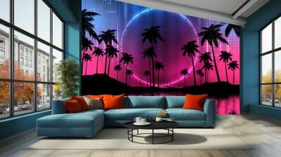 Empty dark tropical background of night sea beach, neon light, city lights. Silhouettes of tropical palm trees on a background of bright abstract sunset. Modern futuristic landscape. 3d illustration
 Wall mural