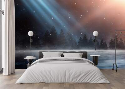 Empty night nature scene. The night starry sky, the rays of the blue neon spotlight. Snowy winter night background. Wall mural