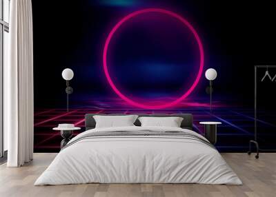 Empty stage, neon lights, spotlights and rays. Dark background and neon light. Night view, urban background. Wall mural