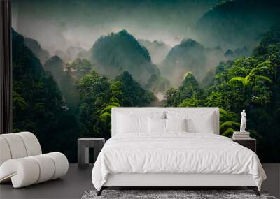 Exotic foggy forest. Jungle panorama, forest oasis. Foggy dark forest. Natural forest landscape. 3D illustration. Wall mural