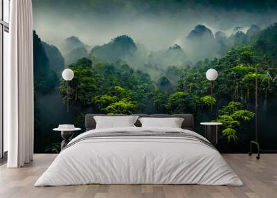 Exotic foggy forest. Jungle panorama, forest oasis. Foggy dark forest. Natural forest landscape. 3D illustration. Wall mural