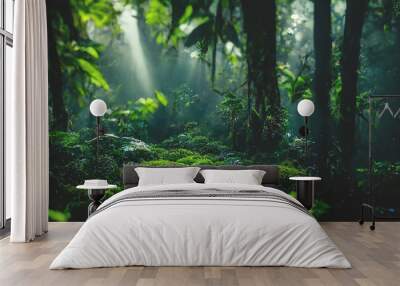 Exotic foggy forest. Jungle panorama, forest oasis. Foggy dark forest. Natural forest landscape. 3D illustration. Wall mural