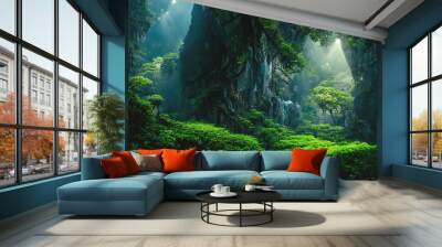 Exotic foggy forest. Jungle panorama, forest oasis. Foggy dark forest. Natural forest landscape. 3D illustration. Wall mural