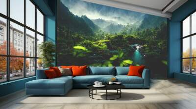 Exotic foggy forest. Jungle panorama, forest oasis. Foggy dark forest. Natural forest landscape. 3D illustration. Wall mural