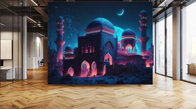 Fairy-tale Arabian night city with towers and mussels. Night neon oriental city. Fantasy urban arabic landscape. AI Wall mural