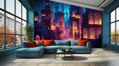 Fairy-tale Arabian night city with towers and mussels. Night neon oriental city. Fantasy urban arabic landscape. AI Wall mural