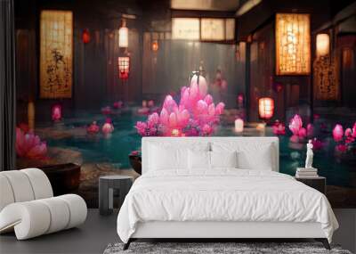 Fantasy Japanese landscape spa. Japanese hot springs, ancient architecture.  Wall mural