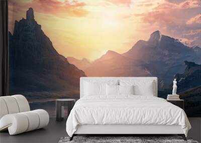 Fantasy mountain landscape with sunset. Foggy sunset, mountains, mountain river, gorge. Abstract fantastic futuristic landscape. 3D illustration. Wall mural