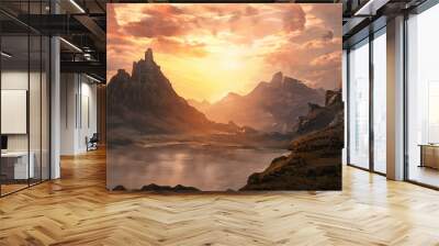 Fantasy mountain landscape with sunset. Foggy sunset, mountains, mountain river, gorge. Abstract fantastic futuristic landscape. 3D illustration. Wall mural