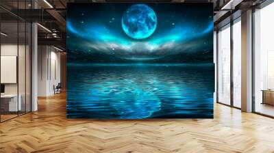 Fantasy night landscape seascape with mountains and islands. Futuristic neon light, night sky, reflection in the water of light, moonlight.  Wall mural