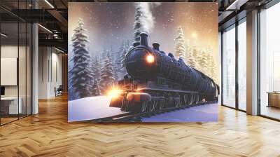 Fantasy winter forest with a train. They ate in the snow, a fabulous train rides on rails, smoke, spotlights, a magical winter forest at night. 3D illustration. Wall mural