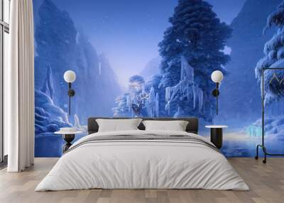 Fantasy winter landscape, frozen river, trees in the snow. Beautiful winter background. Magic fairy tale neon landscape, winter forest, portal, magic. 3Dillustration. Wall mural