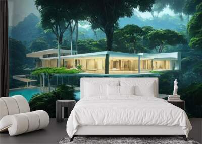 Forest landscape and white modern house. A modern white house with a swimming pool in a tropical forest in the mountains. Fantasy landscape, forest, sunlight, recreation area. Wall mural