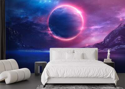 futuristic fantasy landscape, sci-fi landscape with planet, neon light, cold planet. 3d illustration Wall mural