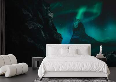 Futuristic fantasy landscape, sci-fi landscape with planet, neon light, cold planet. Metaverse. Galaxy, unknown planet. Dark natural scene with light reflection in water. Neon space galaxy portal. 3d  Wall mural