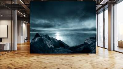 Futuristic fantasy landscape, sci-fi landscape with planet, neon light, cold planet. Metaverse. Galaxy, unknown planet. Dark natural scene with light reflection in water. Neon space galaxy portal. 3d  Wall mural