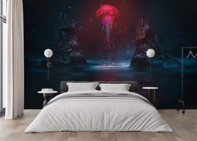 Futuristic fantasy night landscape with abstract landscape and island, moonlight, radiance, jellyfish, neon. Dark natural scene with light reflection in water. Neon space galaxy portal. 3D illustratio Wall mural