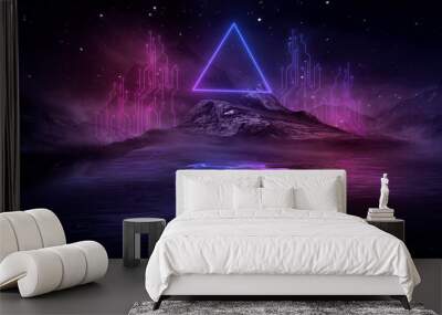 Futuristic fantasy night landscape with abstract landscape and island, moonlight, radiance, moon, neon. Dark natural scene with light reflection in water. Neon space galaxy portal. 3D illustration.  Wall mural