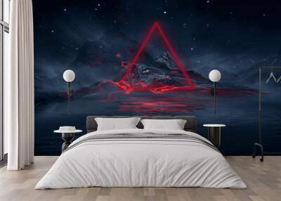 Futuristic fantasy night landscape with abstract landscape and island, moonlight, radiance, moon, neon. Dark natural scene with light reflection in water. Neon space galaxy portal. 3D illustration.  Wall mural