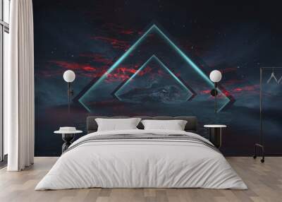 Futuristic fantasy night landscape with abstract landscape and island, moonlight, radiance, moon, neon. Dark natural scene with light reflection in water. Neon space galaxy portal. 3D illustration.  Wall mural