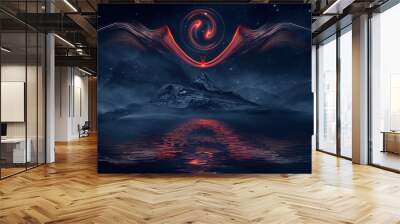 Futuristic fantasy night landscape with abstract landscape and island, moonlight, radiance, moon, neon. Dark natural scene with light reflection in water. Neon space galaxy portal. 3D illustration.  Wall mural