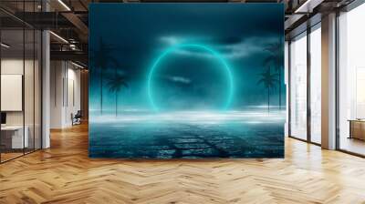 Futuristic landscape, abstract night landscape. Dark horizon Modern futuristic neon abstract background. Large object in the center, space background. Dark scene with neon light.  Wall mural