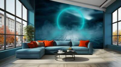 Futuristic landscape, abstract night landscape. Dark horizon Modern futuristic neon abstract background. Large object in the center, space background. Dark scene with neon light.  Wall mural