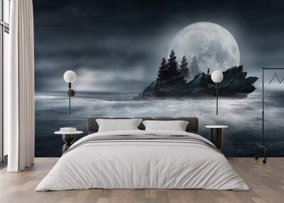 Futuristic night landscape with abstract forest landscape. Dark natural forest scene with reflection of moonlight in the water, neon blue light. Dark neon circle background, dark forest, deer, island. Wall mural