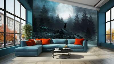 Futuristic night landscape with abstract forest landscape. Dark natural forest scene with reflection of moonlight in the water, neon blue light. Dark neon circle background, dark forest, deer. Wall mural