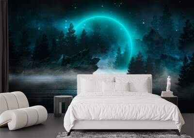 Futuristic night landscape with abstract landscape, dark forest, mountains, moonlight, shine. Dark natural scene with reflection of light in the water, neon blue light. Dark neon circle background. 3D Wall mural