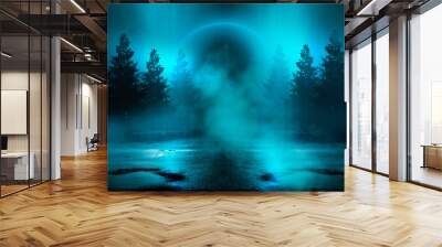 Futuristic night landscape with abstract landscape and island, moonlight, shine. Dark natural scene with reflection of light in the water, neon blue light.  3d illustration Wall mural