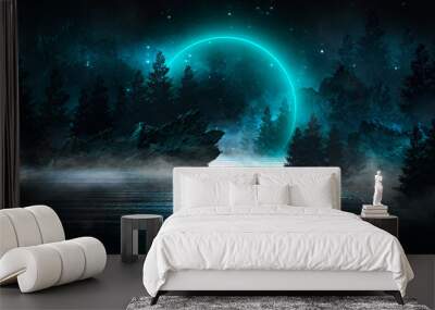 Futuristic night landscape with abstract landscape and island, moonlight, shine. Dark natural scene with reflection of light in the water, neon blue light. Dark neon background. 3D illustration Wall mural