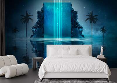 Futuristic night landscape with abstract landscape and island, moonlight, shine. Dark natural scene with reflection of light in the water, neon blue light. Dark neon  background. Wall mural