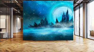 Futuristic night landscape with abstract landscape and island, moonlight, shine. Dark natural scene with reflection of light in the water, neon blue light. Dark neon circle background. Wall mural