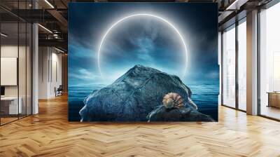 Futuristic night landscape with abstract landscape and island, moonlight, shine. Dark natural scene with reflection of light in the water, neon blue light. Dark neon circle background. Wall mural