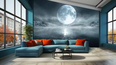 Futuristic night landscape with abstract landscape and island, moonlight, shine. Dark natural scene with reflection of light in the water, neon blue light. Dark neon circle background. Wall mural