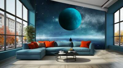 Futuristic night landscape with abstract landscape and island, moonlight, shine. Dark natural scene with reflection of light in the water, neon blue light. Dark neon circle background. Wall mural