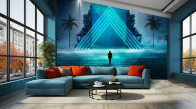 Futuristic night landscape with abstract landscape and island, moonlight, shine. Dark natural scene with reflection of light in the water, neon blue light. Dark neon triangle, pyramid, background. Wall mural