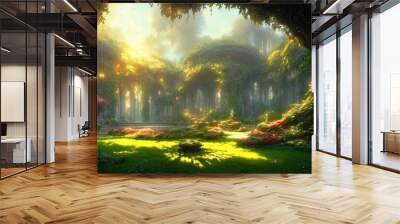 Garden of Eden, exotic fairytale fantasy forest, Green oasis. Unreal fantasy landscape with trees and flowers. Sunlight, shadows, creepers and an arch. 3D illustration. Wall mural