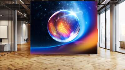 Glass ball, reflection of neon lights, rays, glare. Abstract neon background. The lights of the night city. Magic glass ball, sparkles. Wall mural