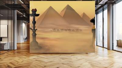 Hookah, Egyptian pyramids, desert landscape, sand. Gods of Egypt, Anubis and Bastet, Egyptian cat. East hookah on the background of the desert, sand, the old town and the sandstorm.  Wall mural