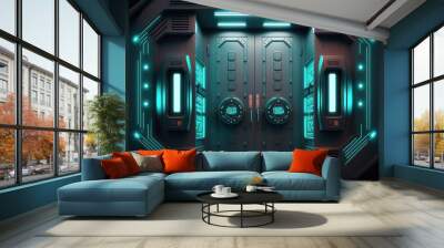 Intergalactic high-tech doors with instruments, display and neon light. Abstract room with doors, spaceship, scientific station, throughput entrance. AI Wall mural