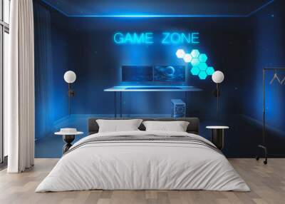 Interior for computer games, game sports and stream. Abstract neon background in the interior. Night view of the room, white table, neon light. Blue and pink neon. 3D illustration.  Wall mural