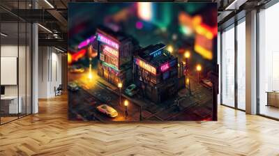 Isometric neon night city. City navigation, street map. Dark streets, illuminated signs, advertising, city roads and buildings. 3D illustration Wall mural